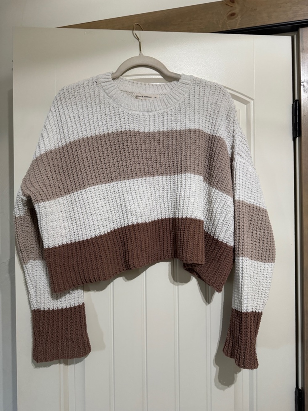 moon & madison Cropped Crewneck Sweater - White, Taupe & Brown